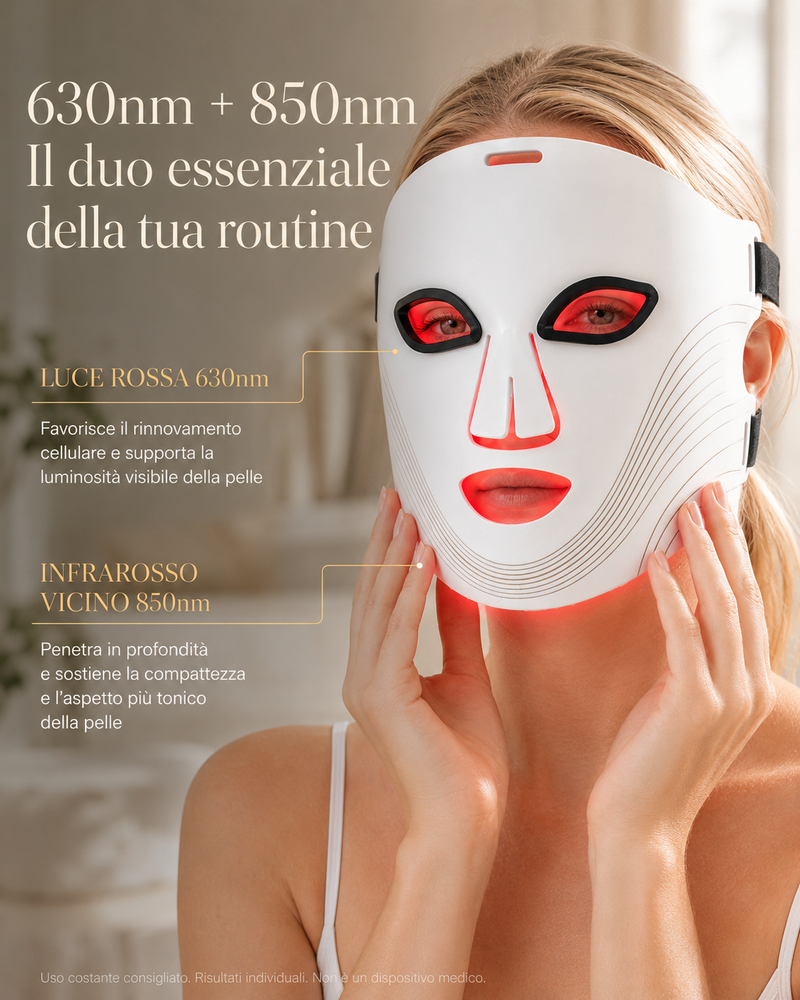 Maschera LED viso accesa con luce rossa terapeutica 630nm per ringiovanimento cutaneo