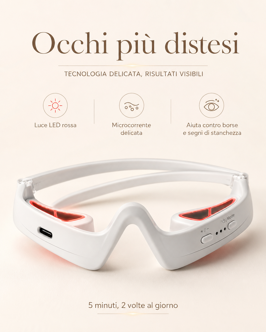 Massaggiatore occhi LED dettaglio con luce rossa terapeutica perioculare